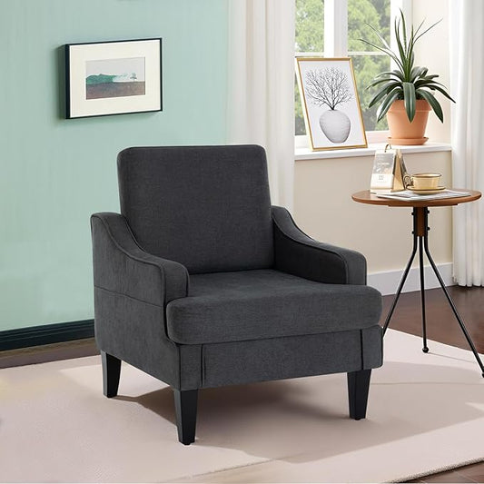 Modern Accent Chair for Bedroom Upholstered Reading Chair with Side Pockets Comfy Living Room Chairs Living Room Armchair with Wood Legs for Office, Apartment (Charcoal)