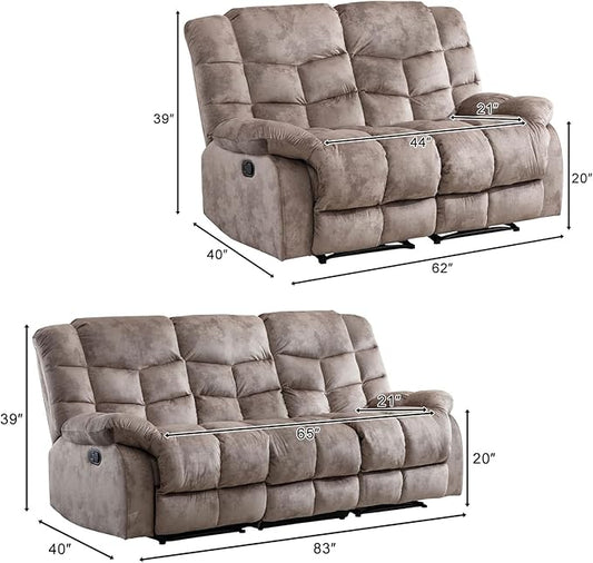 CANMOV Manual Recliner Sofa Set,2 Pieces Sofa Furniture Set for Living Room, Manual Reclining Loveseat and Recliner Sofa with Overstuffed Arms for Living Room, Bedroom, Light Brown (2+3)