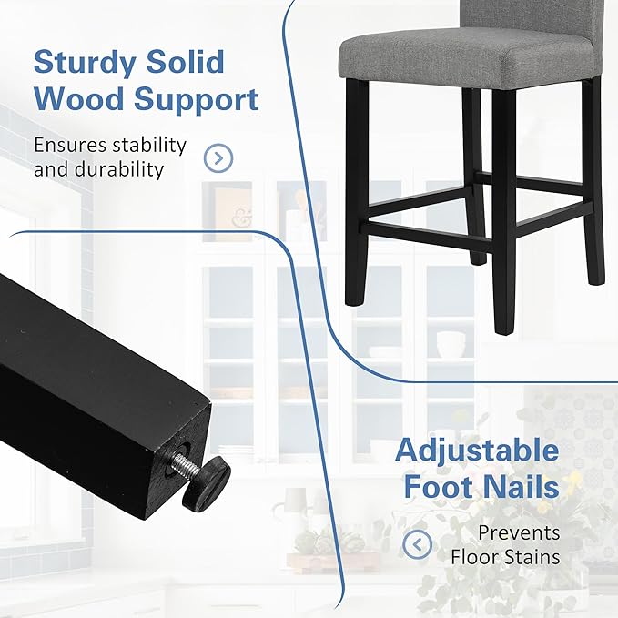 LSSPAID Counter Height Bar Stools Set of 4, 24.8 Inch Upholstered Fabric Barstools, Modern Kitchen Island Chairs with Backrest and Solid Wood Legs, Grey