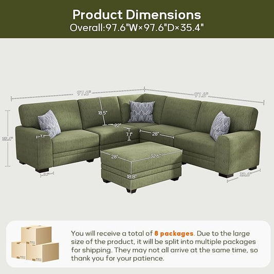 Wanderwell Oversized Modular Sectional Sofa, 6-Seater U Shaped Couches with Movable Ottoman,Corduroy Sectional Couch with Wide and Deep Seats Suitable for Living Room,Bedroom,Apartment (Olive, L-6)