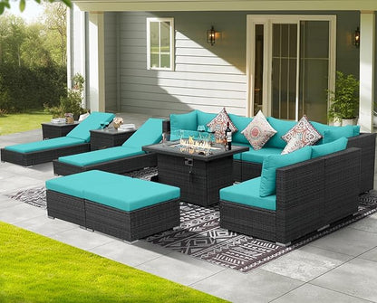NICESOUL 13 Piece Outdoor Furniture Sets with Firepit and Lounge Chairs, Overszied Large Sectional L Shaped Patio Couch with Chaise, All Weather Wicker Texture Deck Seating Group for 10, Gray&Teal