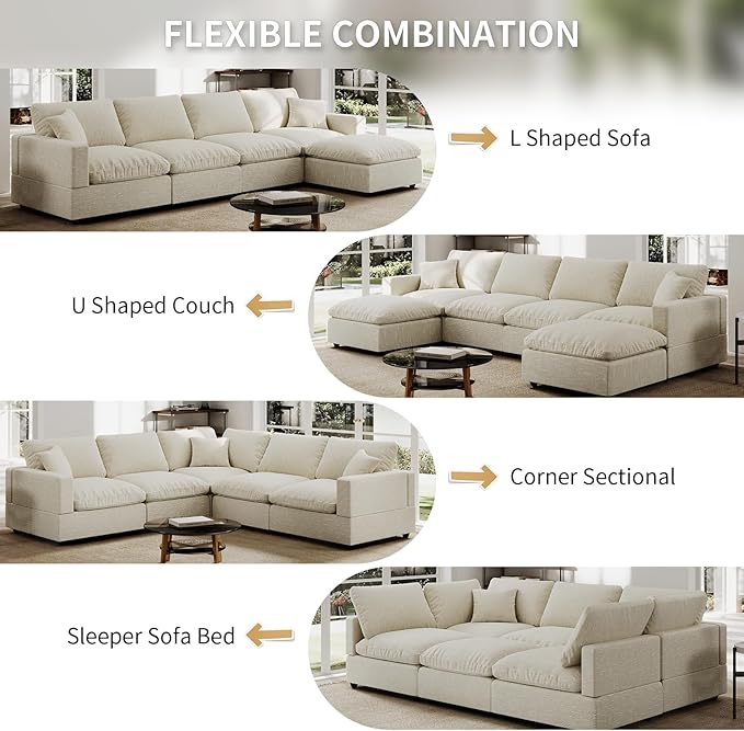 Modern Sectional Linen Couch for Living Room V-Shape Sofas,5 Seat Modular Cloud Sofas,Couches Cushion Covers Removable,Cozy Feather Down Sofa for Apartment Beige