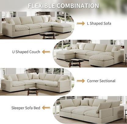 Modern Sectional Linen Couch for Living Room U-Shape Sofas,6 Seat Modular Cloud Sofas,Couches Cushion Covers Removable,Cozy Feather Down Sofa for Apartment Beige
