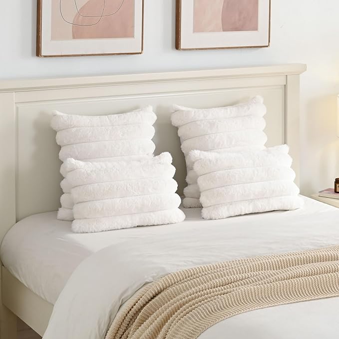 FUTEI Cream White Decorative Throw Pillow Covers 26x26 Inch Set of 2, Square Soft Faux Rabbit Fur Thick Striped Euro Pillow Shams,Winter Home Decor for Couch Bed Living Room