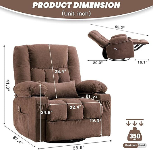BOSMILLER Oversized Recliner Chair for Adults with Vibration Massage and Lumbar Heating Swivel Rocker Recliner with Cup Holder and USB Charge Port for Living Room