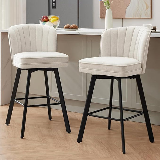 Swivel Counter Height Bar Stools Set of 2, 30'' Modern Barstools with Backs and Metal Legs, Upholstered Bar Chairs, Beige, Fabric Stools for Kitchen Island Chairs