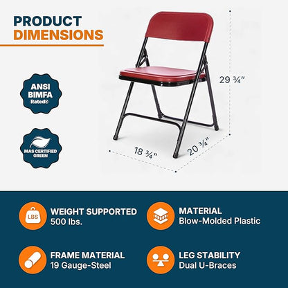 OEF Furnishings OEF800 Series Premium Heavy-Duty Plastic Folding Chairs, Lightweight, Durable Seating for Indoor and Outdoor Use, 500 lb Capacity (4-Pack, Red Plastic with Black Frame)