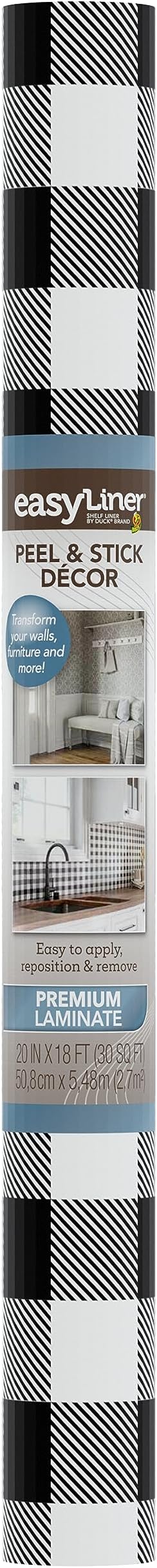 EasyLiner Peel & Stick Decor Removable Peel and Stick Wallpaper - Self Adhesive Decorative Shelf Paper for Cabinets, Walls, Resurfacing Projects - Adhesive Shelf Liner - 20in x 18ft - Black Gingham