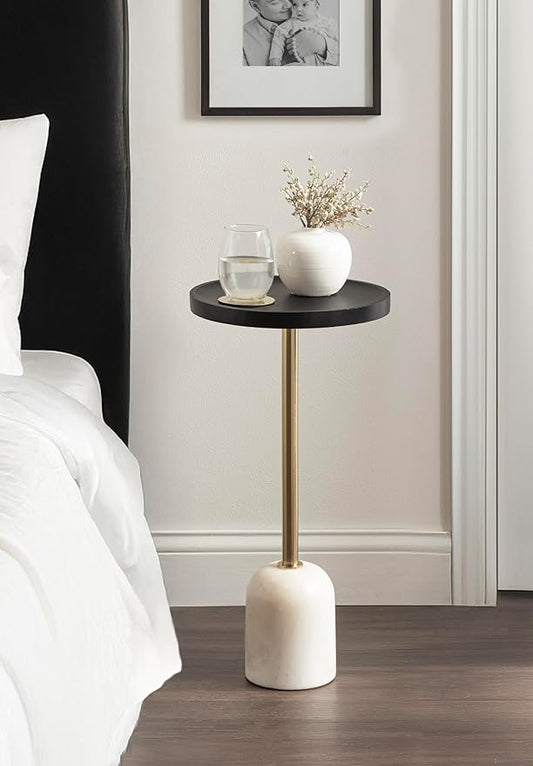 Kate and Laurel Shorrock Round Mango Wood Side Table, 12 x 12 x 24, Black, Gold, and White Marble, Modern Pedestal End Table with Marble Base for Bedroom Nightstand or Living Room Plant Stand