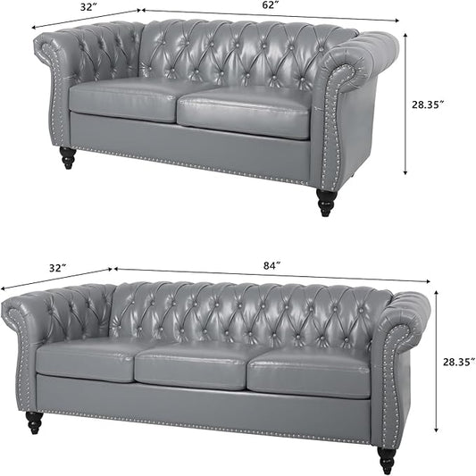 Faux Leather Sofa and Loveseat set, Mid Century Modern Upholstered Couch with Cushions, 2-Piece Home Sofa Living Room Furniture Sets, Comfy Tufted Chesterfield Couches for Bedroom, Office (Grey)