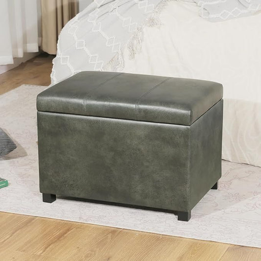 Asense Storage Ottoman Bench,Foot Stool Ottoman with Storage, Faux Leather Foot Rest Seat with Safety Hinge,Wood Legs Stool for Living Room, Bedroom,Enterway,Green