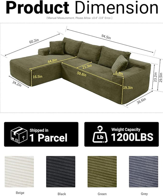 95 Inch Cloud Sectional Couch,Modular Sectional Sofa with Deep Seat,Modern Corduroy Boneless Couches with L-Shape Chaise for Living Room Bedroom,No Assembly Required (Green, Left Facing Chaise)