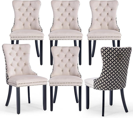 Velvet Upholstered Dining Chairs Set of 6, Modern Style Kitchen Side Chairs with Nailhead Trim and Wood Legs,Metal Pulling Ring for Dining Room Living Room(Quadrangular Star&Beige)