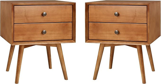 Walker Edison Ella Mid-Century Modern 2-Piece 2-Drawer Solid Wood Nightstand Set, 2 Pack, Caramel