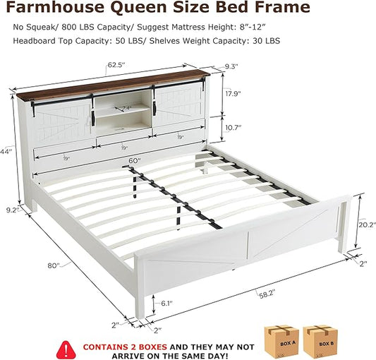 T4TREAM Farmhouse Queen Size Bed Frame w/Storage Bookcase Headboard, Sliding Barn Door, Charging Station, Rustic Wood Platform Bed w/Wood Slats Support, No Box Spring Needed, Antique White