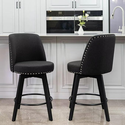 MINCETA Bar Stools Set of 4, 26 Inch Upholstered Barstools with High Back and Footrest, Swivel Counter Height Barstools for Kitchen Island Home Bar Black