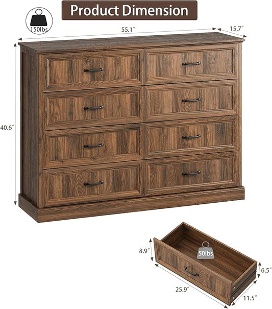 CARPETNAL Farmhouse 8 Drawer Dresser for Bedroom, 55 Inch Wide Modern Brown Dresser TV Stand with Large Drawers & Bar Handles, Rustic Wood Chest of Drawers for Bedroom, Living Room, Hallway, Entryway.