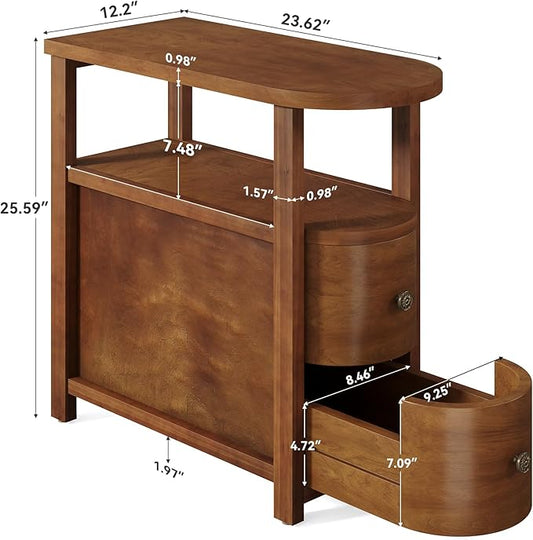 LITTLE TREE Solid Wood End Table with 2 Drawers & Open Shelf, No Assembly Required Side Table for Living Room, Vintage Brown Couch Side Tables, Slim Bedside Table Nightstand for Bedroom