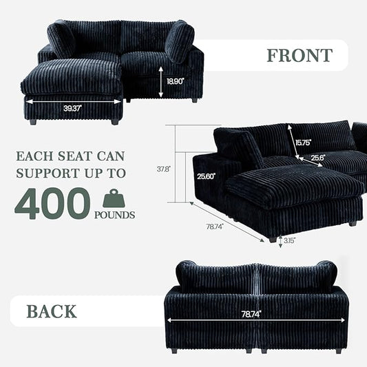 Modular Sectional Sofa, L Shaped Sofa with Ottoman, 78.74" Oversized Loveseat, Plush Deep Seat Sleeper Couches for Living Room, Apartment, Couch Cushion Covers Removable, Black