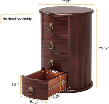 Tribesigns Solid Wood End Table, Round Side Table with 4 Drawers, Vintage Bedside Table Nightstand for Small Spaces, Living Room, Bedroom, No Assembly Required (2, Cherry Brown)