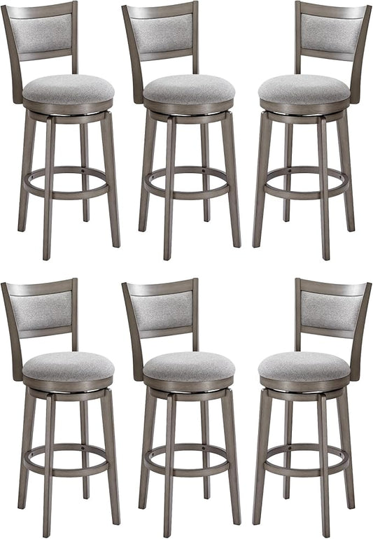PrimeZone Swivel Bar Stools Set of 6, 30 Inch Bar Height Barstools, High Back Bar Stool with Solid Wood Legs & Wrap-Around Footrest, Counter Stools for Kitchen Island, Pub, Grey