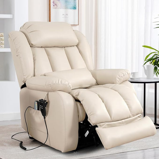EDILLY Large Power Recliner Chair, Infinite Position Dual Motor Design with Heating and Massage, Breathing Leather Recliner for Seniors,USB Port(Beige)