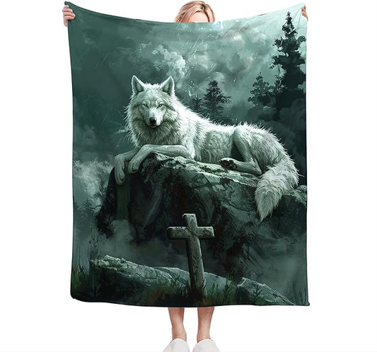 Wolf Christian Throw Blanket for Women Men Adults - Soft Warm Cozy Fleece for Couch Sofa Bed - Wolf Gifts and Decor - 60"x50"