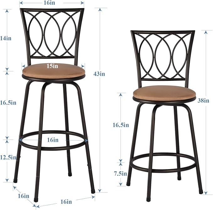 VECELO Adjustable Height Barstools 360 Degree Swivel Sturdy Steel Bistro Pub Chair/Comfortable Round Seat Cushions-Set of 2, Style B, Retro Brown