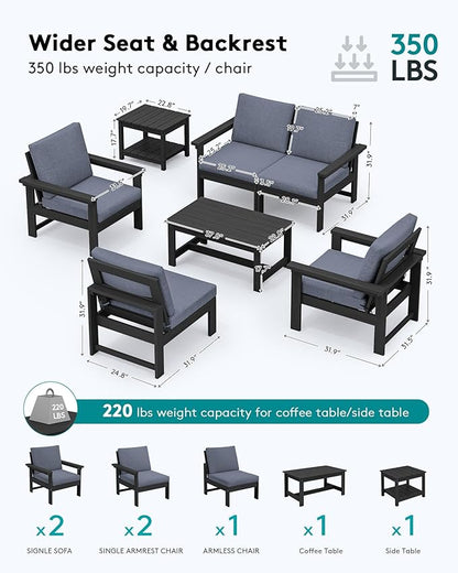 SERWALL HDPE Patio Furniture Set, 7-Piece Outdoor Sectional Sofa Set, All Weather Outdoor Couch Set for Deck, Lawn, Black Frame with Grey Cushion