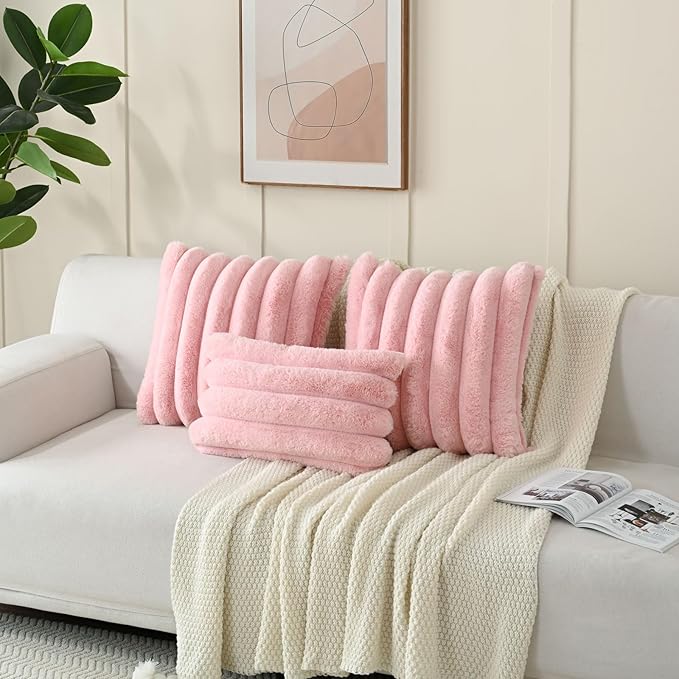 FUTEI Pink Decorative Throw Pillow Covers 16x16 Inch Set of 2, Square Soft Faux Rabbit Fur Thick Striped Cushion Cover,Winter Home Decor for Couch Bed Living Room