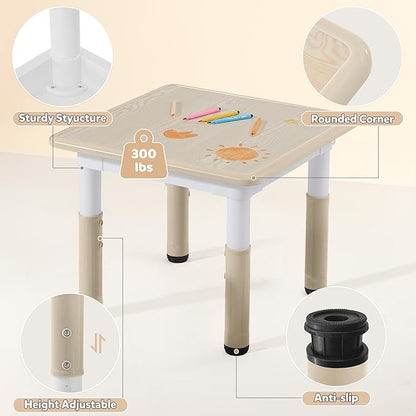 Adjustable Kids Table Chairs Set – Graffiti Desktop, Multi-Activity Height-Adjustable Toddler Study Desk for Ages 3-8 – Ideal for Home, Classroom, Daycare (W-Wood, 4 Chairs-23.6" L x 23.6" W)