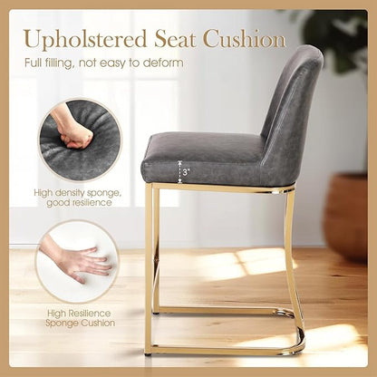 Sophia & William Counter Height Bar Stools Set of 3, Modern PU Leather Kitchen Island Stools,Gold Polished Bar Chairs,Grey & Gold