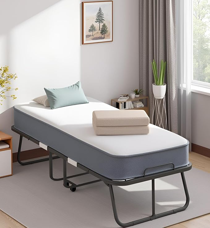 Mjkone Folding Bed with Mattress for Adults, 75" x 31" Rollaway Bed with Mattress, Space Saving Roll Away Frame Lockable Wheel, Sturdy Fold Up Beds and Memory Foam for Bedroom/Guest