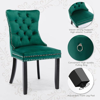 Velvet Upholstered Dining Chairs Set of 2, Modern Style Kitchen Side Chairs with Nailhead Trim and Wood Legs,Metal Pulling Ring for Dining Room Living Room