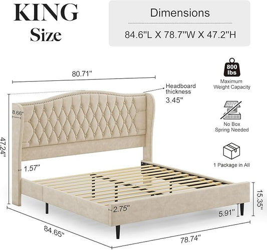 Belffin King Bed Frame and Headboard, Luxury Upholstered Velvet Platform Bed with Wingback, Button Tufted & Nailhead Trim, Anti-Slide Tall Footboard, No Box Spring Needed, Noise-Free, Beige
