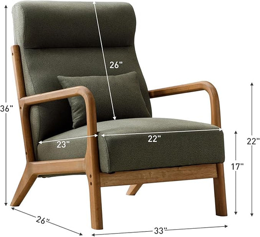 ANJHOME Mid Century Modern High Back Accent Chairs Set of 2, Single Lounge Armchair with Solid Wood Frame, Comfy Reading Chair for Living Room, Easy Assembly