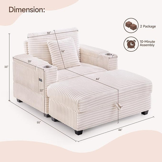 ONBRILL Corduroy Oversized Chair with Ottoman, 44" Wide Armchair with Cup Holders & USB Port, Reading Chair w/Storage Armrest, Easy Assembly, Comfy Single Sofa Bed for Living Room, Apartment, Beige