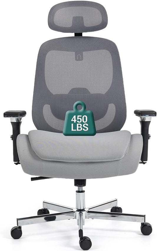 450 LBS Big and Tall Office Chair, Heavy Duty Executive Chair w/4D Arms, Ergonomic Computer Home Desk Chair, Swivel Mesh Chair w/2D Lumbar Support, Adjustable Headrest, Tilt Lock-Grey