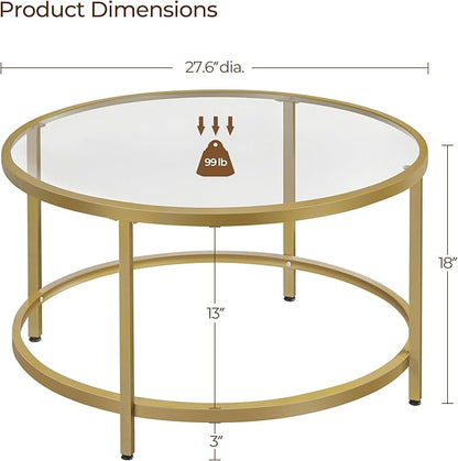 Yaheetech Gold Glass Coffee Table for Living Room, 27.6" Round Glass Coffee Table with Metal Frame, Circle Coffee Table for Home, Office, Apartment