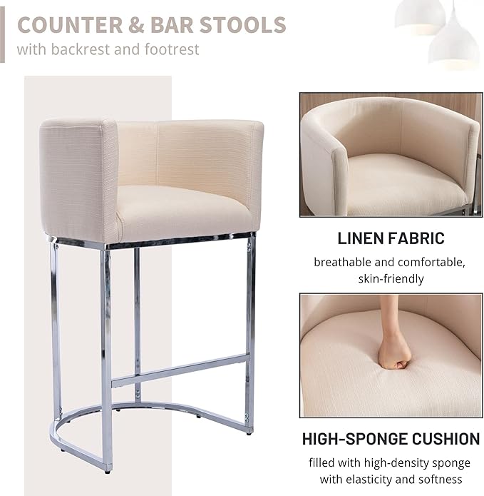 Contemporary Linen Bar Stools Set of 4, 29" Upholstered Fabric Counter Height Barstools Kitchen Counter Island Stools with Screwed Together Chrome Finish Base, Cream