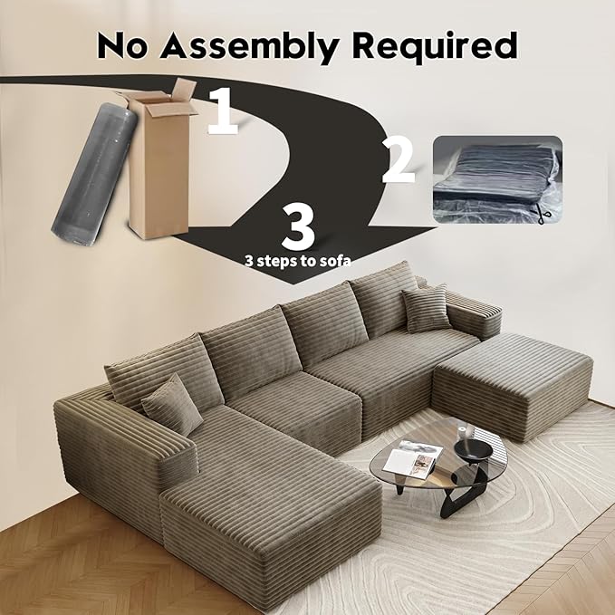 135.4" Cloud Sectional Couch with 1 Ottoman,Modern Modular Sofa with Deep Seat, Comfort U Shaped Sofa Couches for Living Room Bedroom Apartments,No Assembly Required, (Camel,Left Facing Chaise)