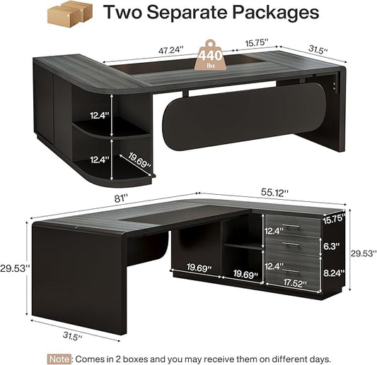 Tribesigns 81-Inch L-Shaped Executive Desk, Large Modern Office Desk with Drawers and File Cabinet for Home or Business Workspace, Grey & Black Computer Desk with Storage Shelves