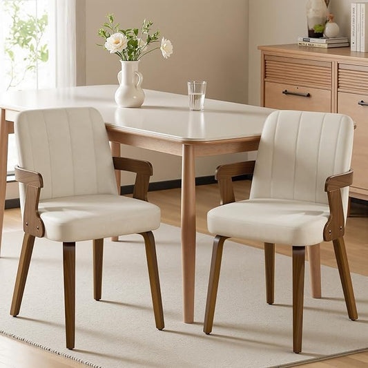 Kitchen Dining Chairs Set of 2, Faux Leather Upholstered Dining Room Chairs with Wood Arms and Legs, Mid Century Modern Kitchen Side Chair for Living, Bedroom, Restaurant, Walnut/Beige