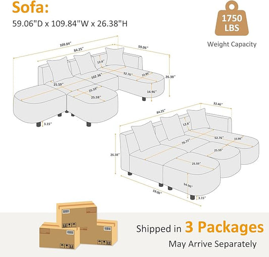 VANOMi 109.84" Modular Sectional Sofa with 3 Pillows, Convertible 5-Seater Comfy Boucle Cloud Couch with Ottoman, Modern Sectional Sofas for Living Room, Office, Apartment (Curry)