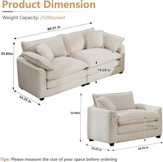 mikibama Luxury 2 Piece Sofa Set, Loveseat Couch & Sofa Armchair Set, Modern Corduroy Comfy Cloud Couches Set for Living Room Office with 2 Armrest Pillows and 3 Toss Pillows, Beige