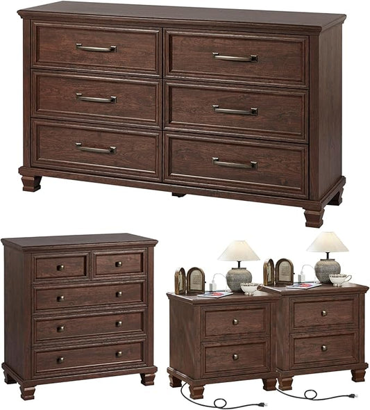 Farmhouse Bedroom Dresser and Nightstand Set of 4, 6 Drawer Low & 5 Drawers Dresser & 2 Drawer Nightstand Set, Rustic Wood Bedroom Furniture Set for Livingroom, Hallway, Walnut