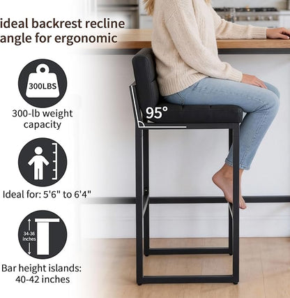 Bar Height Bar Stools Set of 2, Modern Tall Counter Stool, Faux Leather Barstools with Back, Comfortable 30-inch Seat Height Island Chairs for Kitchen Island (Black, 2Pcs 30" Bar Stools)