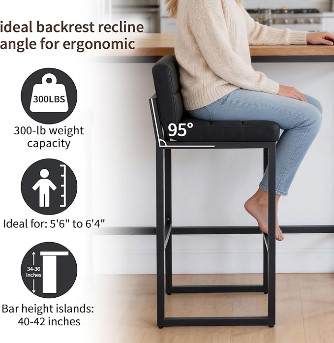 Modern Bar Stools Set of 4, Upholstered Bar Height Barstools with Low Back and Thickened Metal Frame, 30-inch Tall Island Chairs for Kitchen Island, Bar, Counter (Black, 4Pcs 30" Bar Stools)