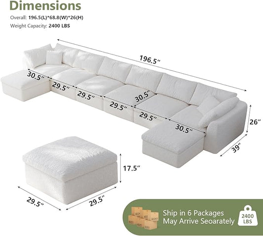 Boneless Cloud Couch Modular Sectional Sofa with Deep Seat for Living Room, L Shape Couch with Ottoman, Snowflake Cloth and 40D Memory Sponge，2 Throw Pillows (White, 6 Seater+2 Ottoman)