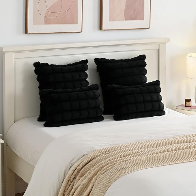 FUTEI Black Decorative Throw Pillow Covers 18x18 Inch Set of 2, Square Soft Faux Rabbit Fur Thick Plaid Cushion Cover,Winter Home Decor for Couch Bed Living Room